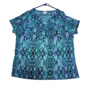 Jaclyn Smith Women's 1X Blouse Turquoise Blue Snakeskin Print Ruched Neckline